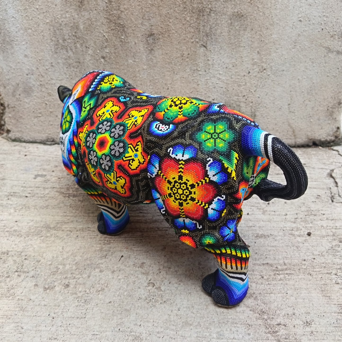 Mexican Folk Art Huichol Beaded Rhinoceros By Santos Bautista PP9527
