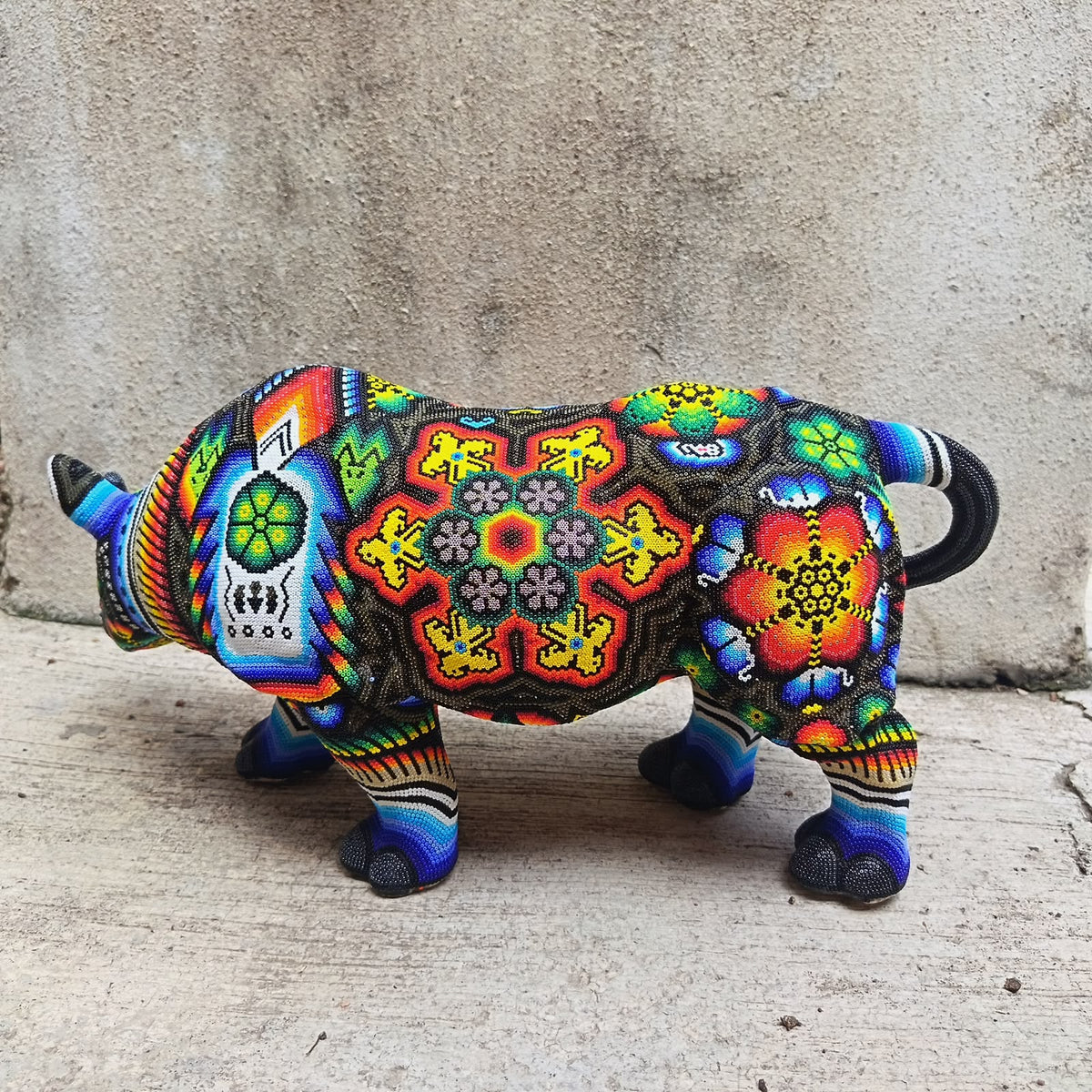 Mexican Folk Art Huichol Beaded Rhinoceros By Santos Bautista PP9527