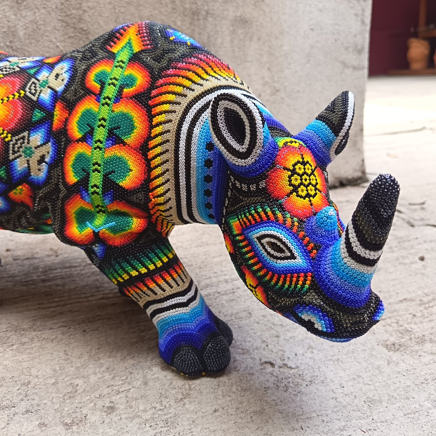 Mexican Folk Art Huichol Beaded Rhinoceros By Santos Bautista PP9527