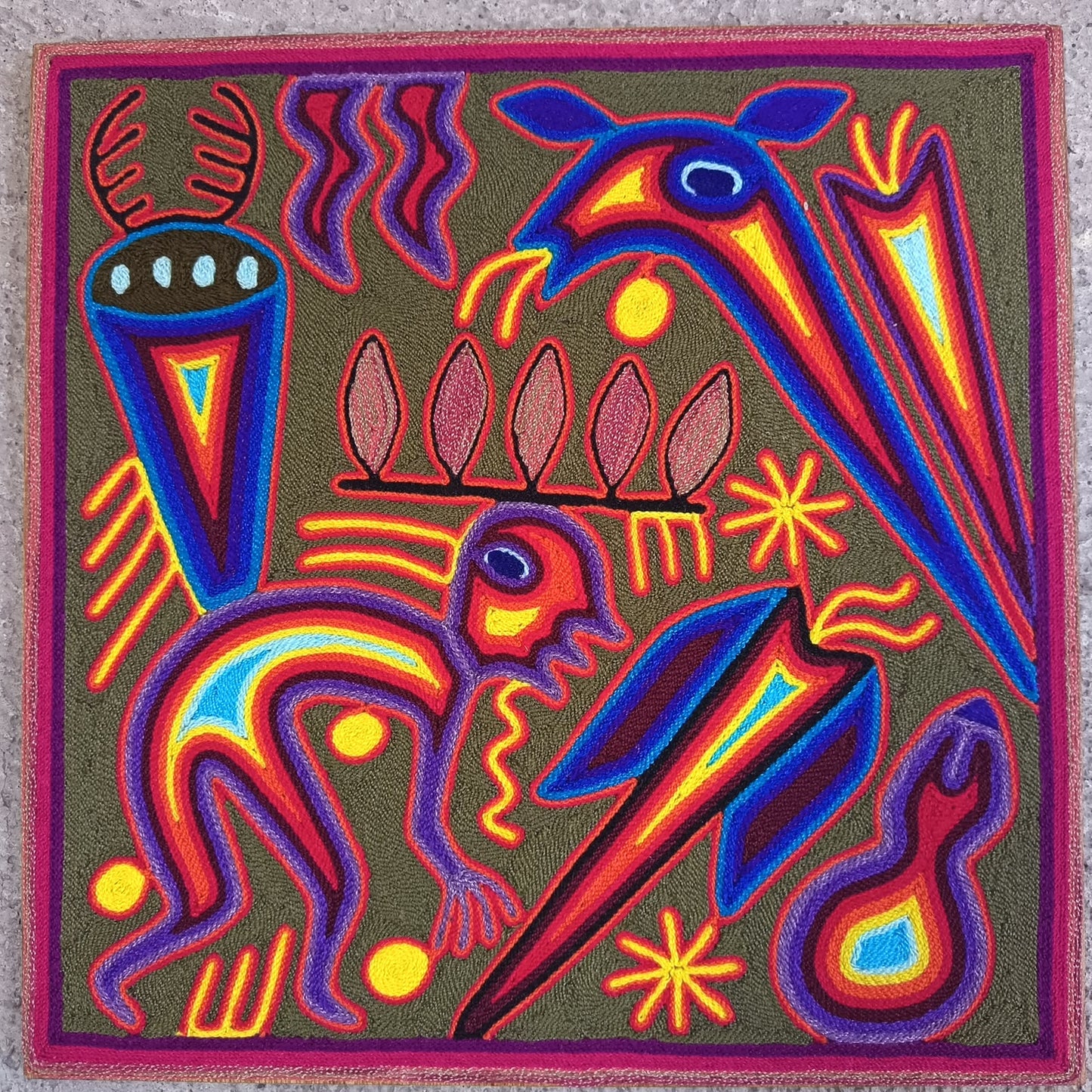 Mexican Folk Art Huichol Yarn Painting by Cooperativa Zitacua PP9533 Oaxaca