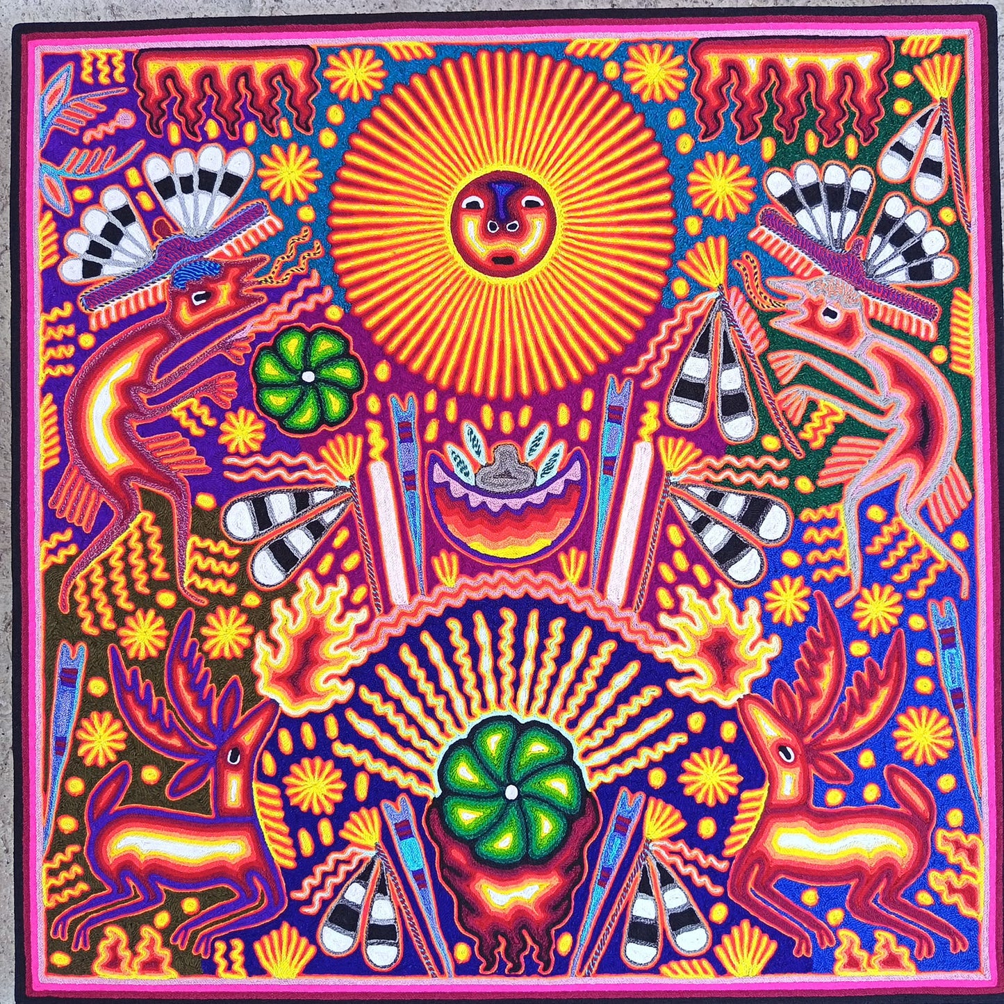 Huichol Mexican Folk Art Yarn Painting  By Maximino Renteria PP9547