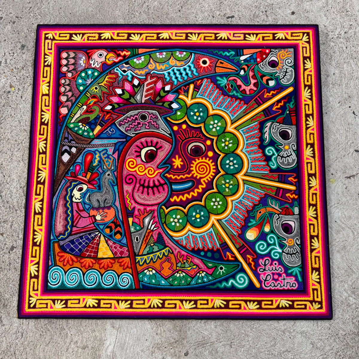 Mexican Folk Art Huichol Indian Yarn Painting by Luis Castro PP9551