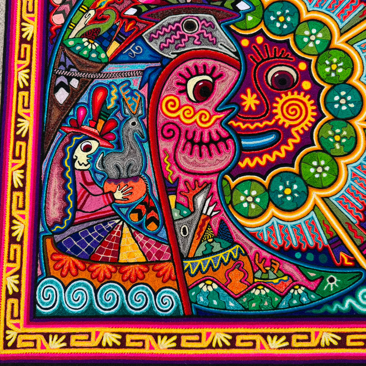 Mexican Folk Art Huichol Indian Yarn Painting by Luis Castro PP9551