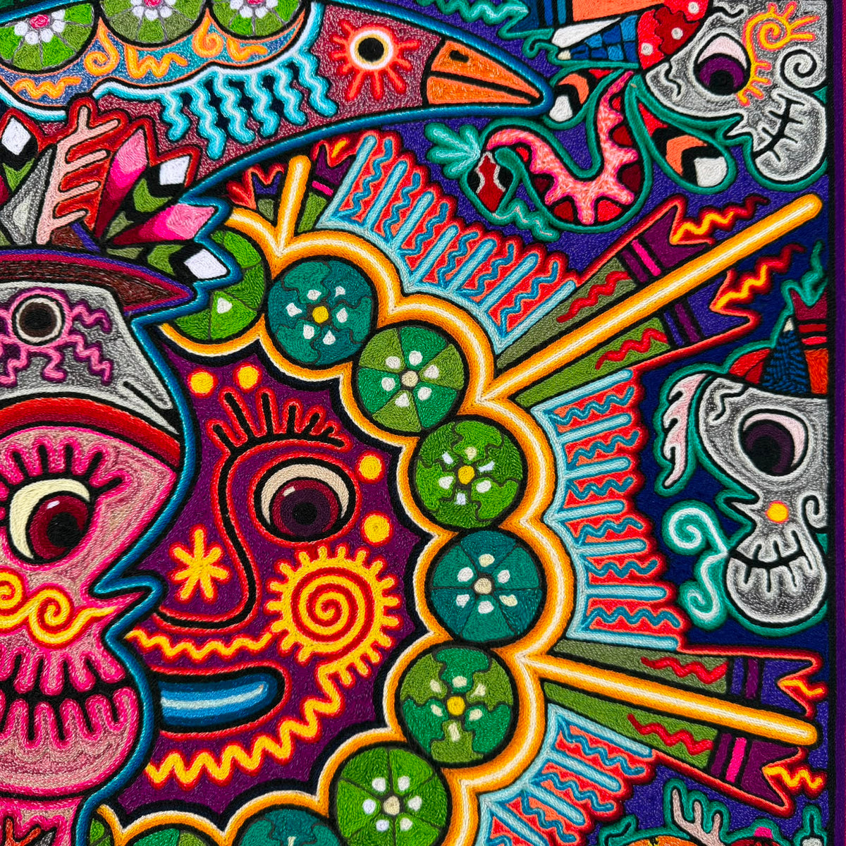 Mexican Folk Art Huichol Indian Yarn Painting by Luis Castro PP9551