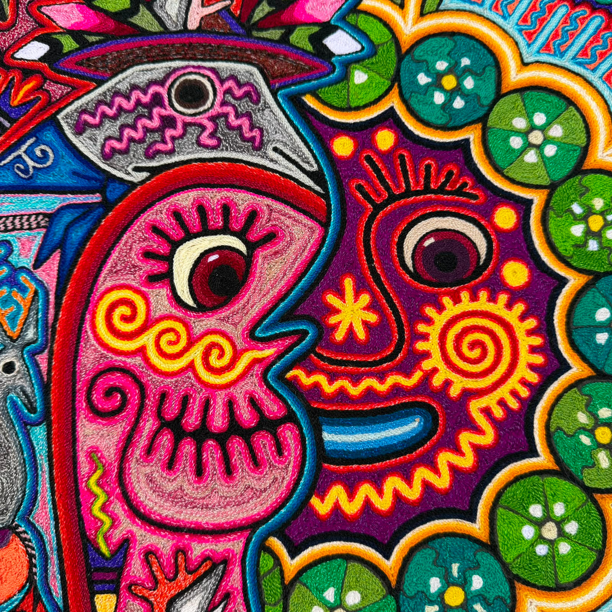 Mexican Folk Art Huichol Indian Yarn Painting by Luis Castro PP9551