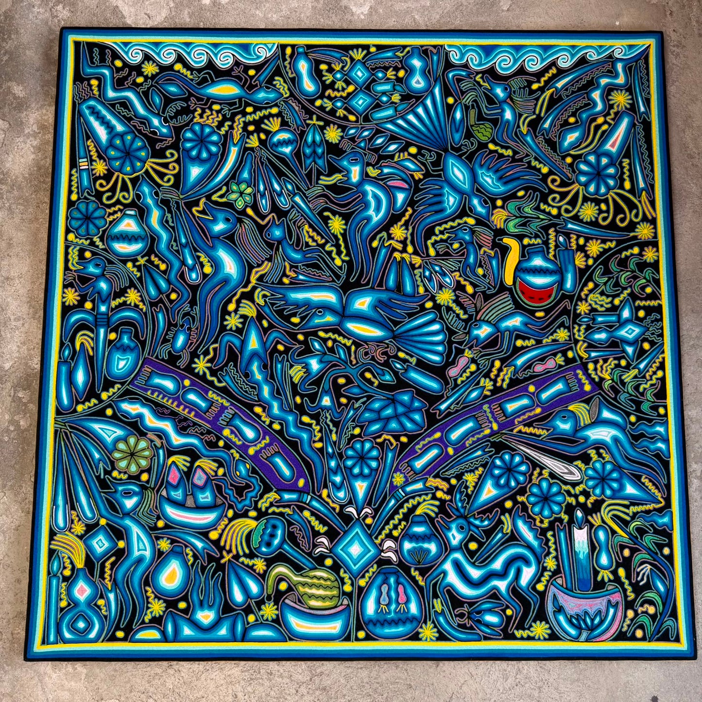 Mexican Folk Art Huichol Yarn Painting by Cooperativa Zitacua PP9557 Oaxaca