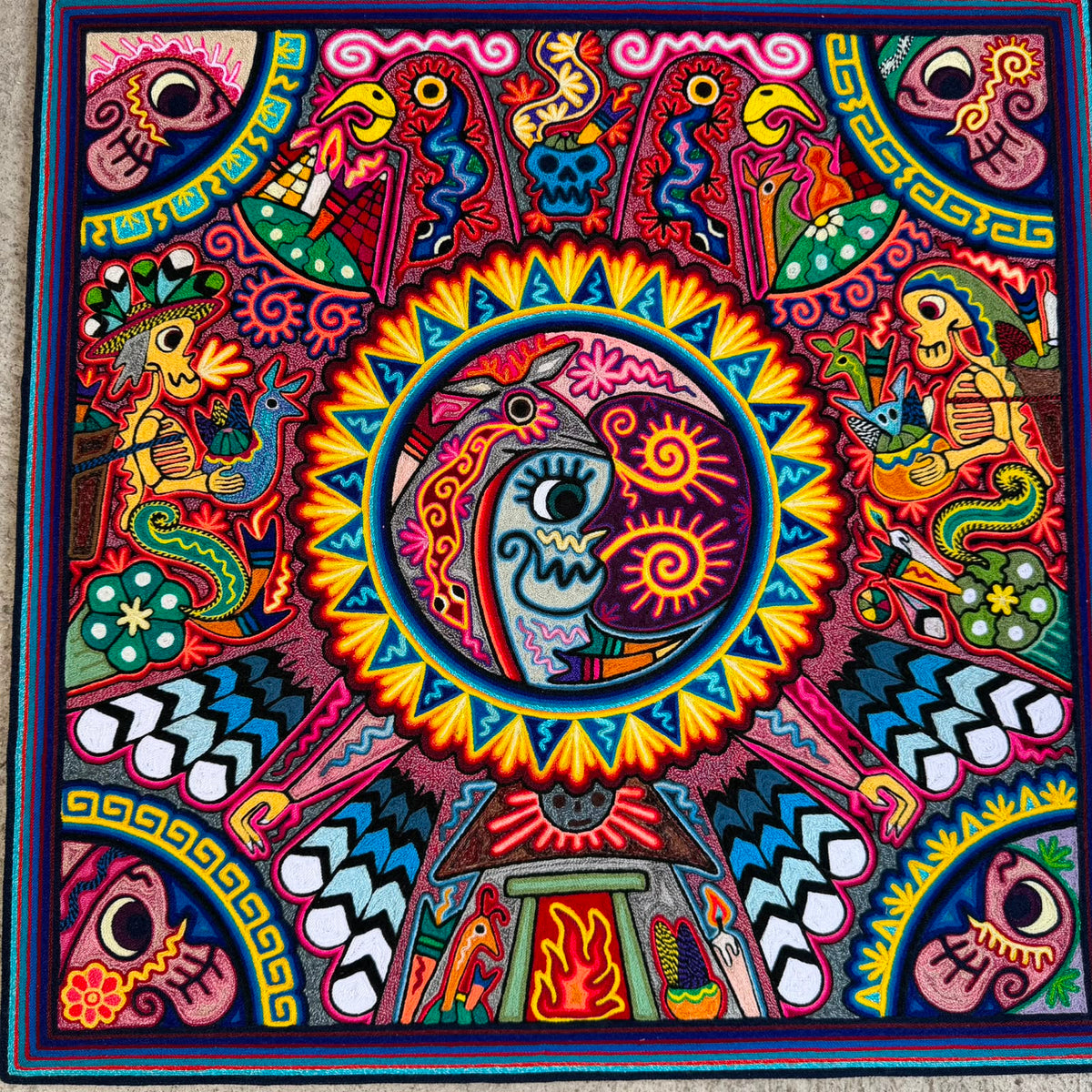 Mexican Folk Art Huichol Indian Yarn Painting by Luis Castro PP9558