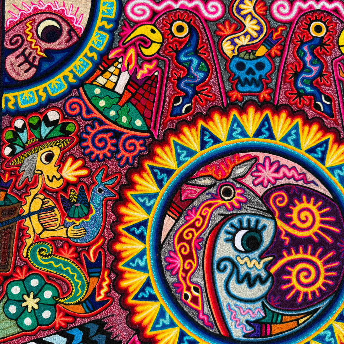 Mexican Folk Art Huichol Indian Yarn Painting by Luis Castro PP9558