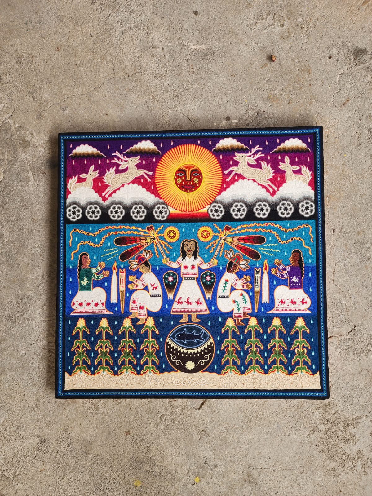Huichol Indian Yarn Painting by  Samuel Hernandez  PP9567