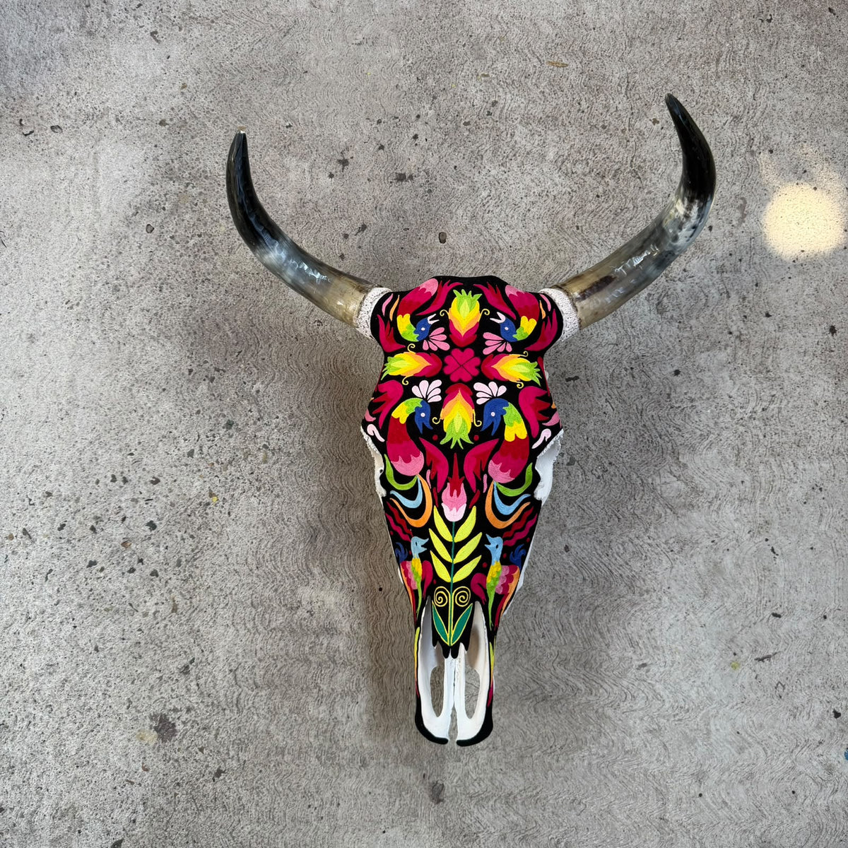 Mexican Folk Art Huichol Yarn Painting on Bull Skull By Alfredo Meraz Reyna PP9604