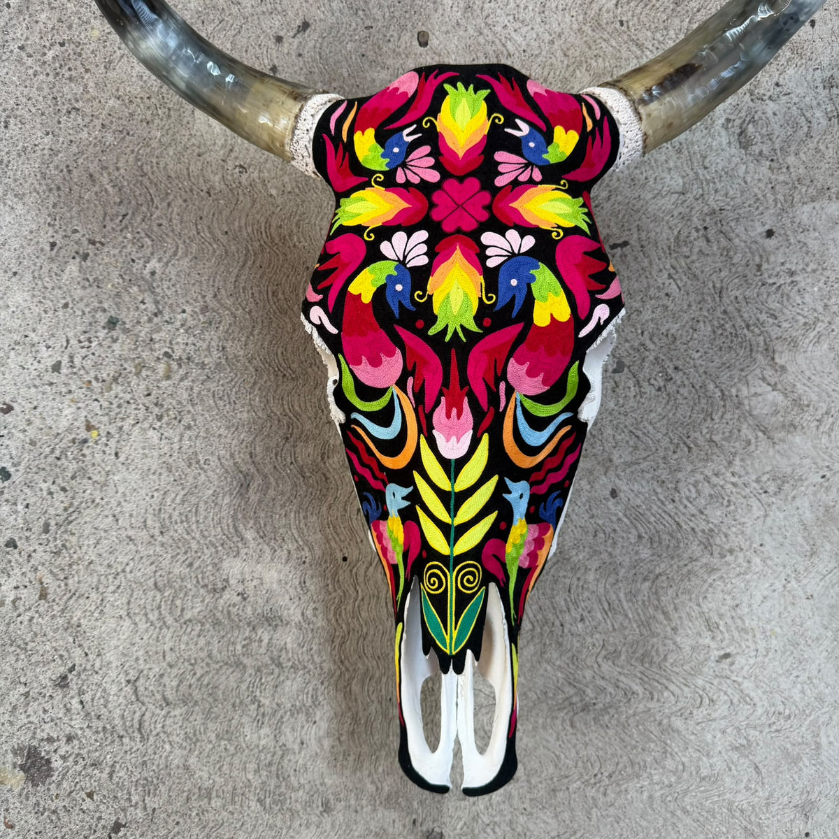 Mexican Folk Art Huichol Yarn Painting on Bull Skull By Alfredo Meraz Reyna PP9604