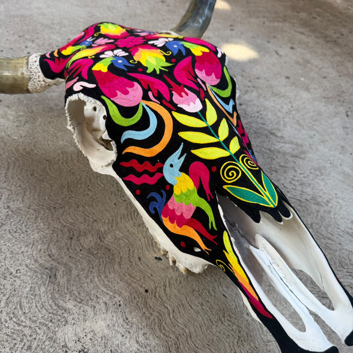 Mexican Folk Art Huichol Yarn Painting on Bull Skull By Alfredo Meraz Reyna PP9604