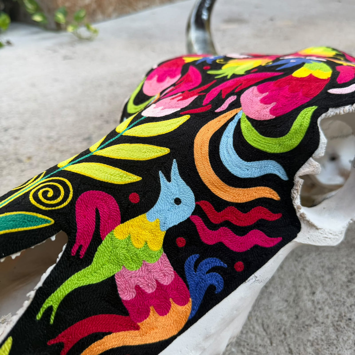 Mexican Folk Art Huichol Yarn Painting on Bull Skull By Alfredo Meraz Reyna PP9604