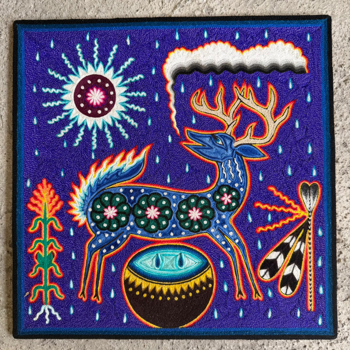 Huichol Indian Yarn Painting by  Samuel Hernandez  PP9614
