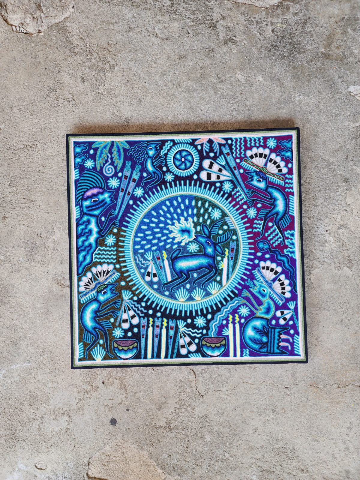 Huichol Mexican Folk Art Yarn Painting  By Maximino Renteria PP9629