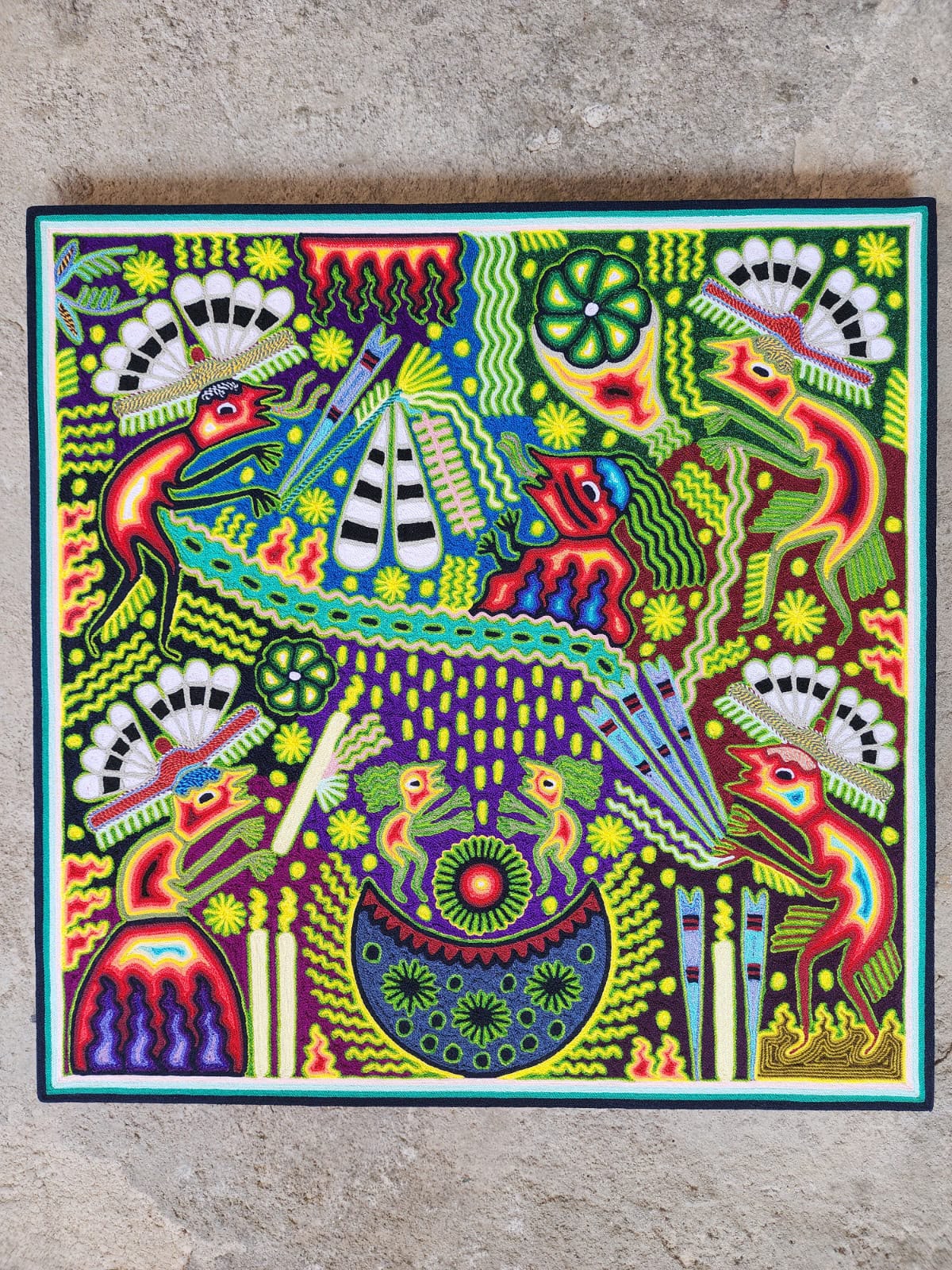 Huichol Mexican Folk Art Yarn Painting  By Maximino Renteria PP9630