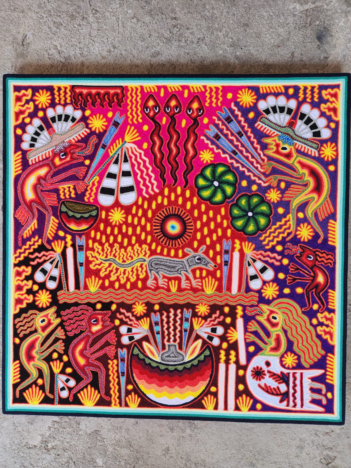 Huichol Mexican Folk Art Yarn Painting  By Maximino Renteria PP9631
