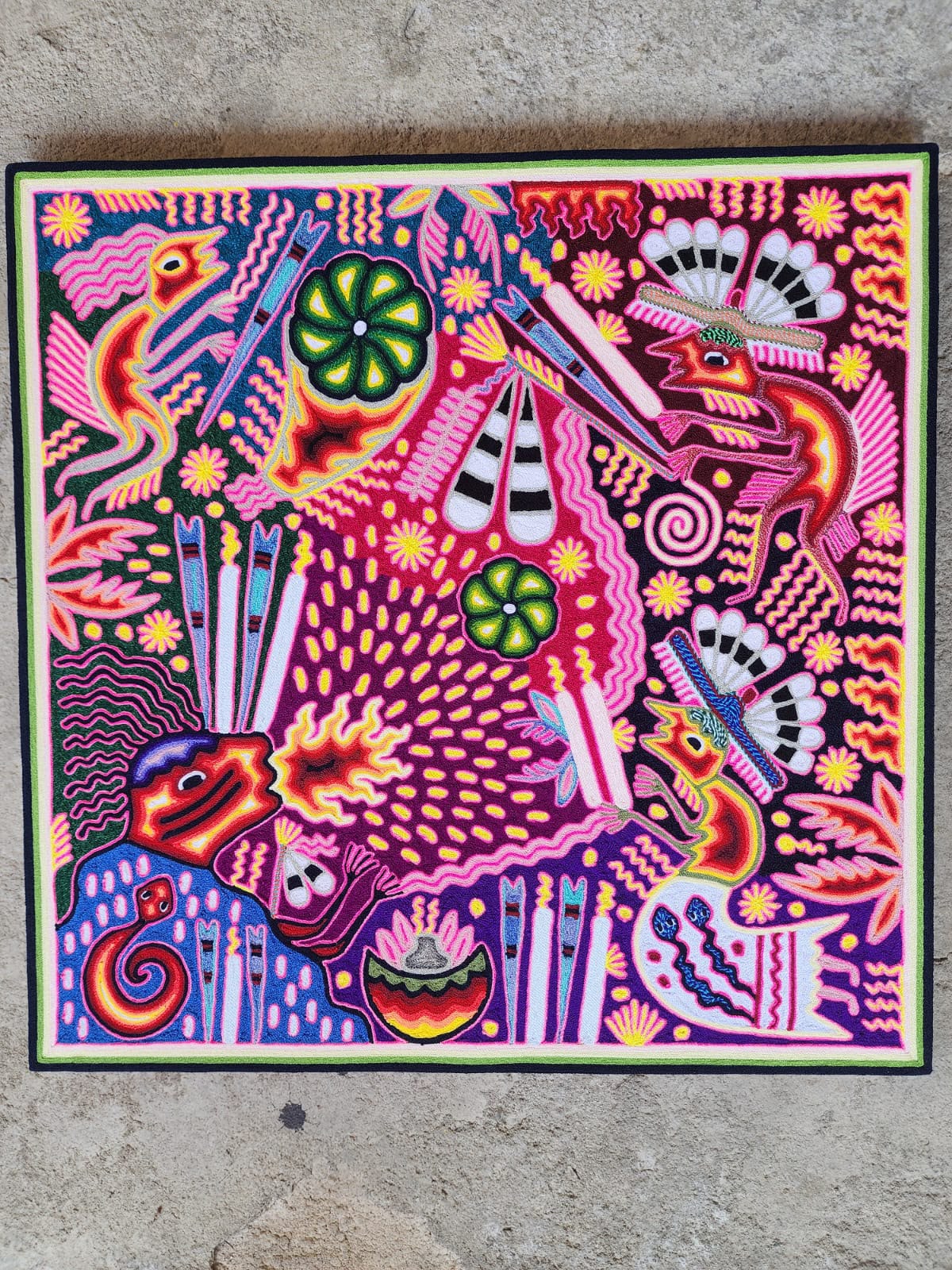 Huichol Mexican Folk Art Yarn Painting  By Maximino Renteria PP9632