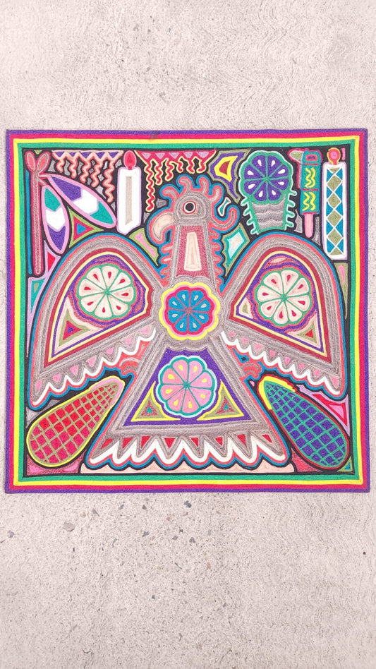 Eagle Spirit Huichol Indian Mexican Folk Art Yarn Painting by Jesus Jimenez mxG PP6317