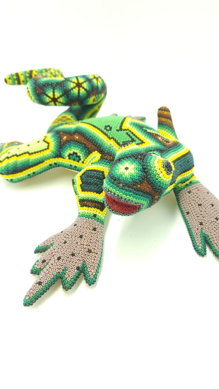 Huichol Hand Beaded Mexican Folk Art Iguana By Mayola Villa Lopez