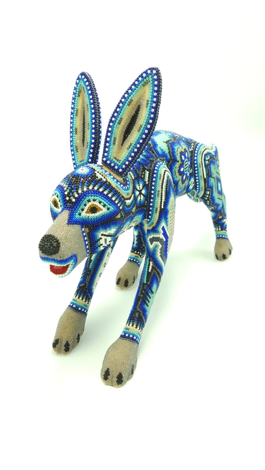 Mexican Folk Art Huichol Beaded Coyote by Isandro Villa Lopez