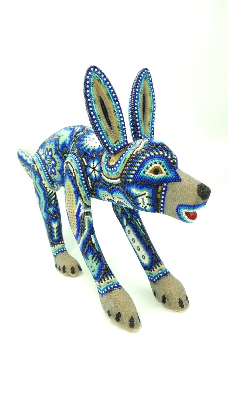 Mexican Folk Art Huichol Beaded Coyote by Isandro Villa Lopez