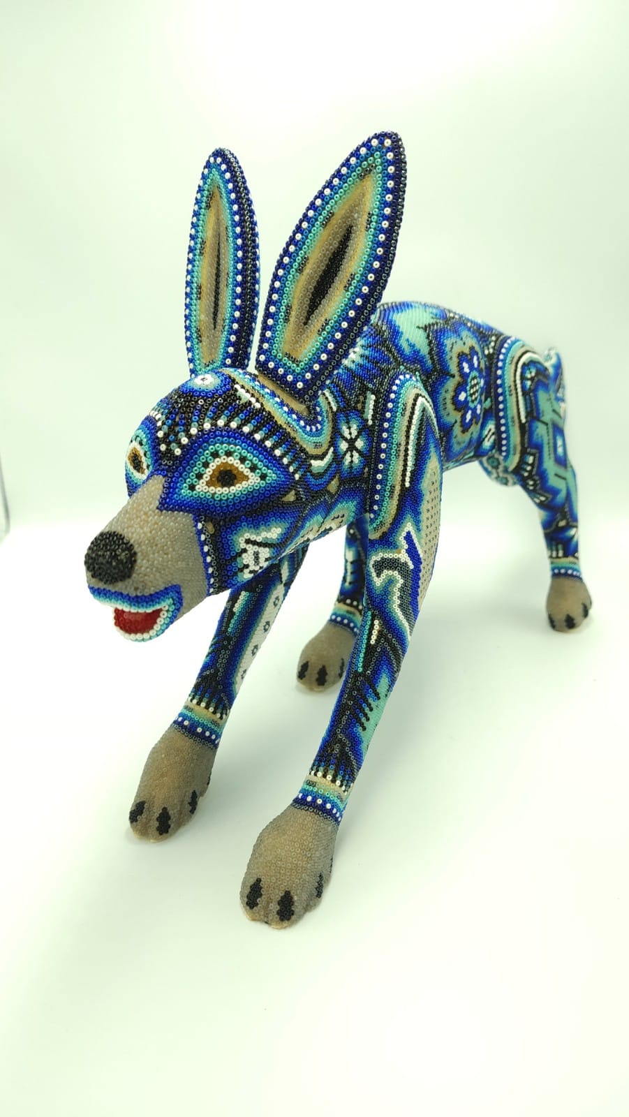 Mexican Folk Art Huichol Beaded Coyote by Isandro Villa Lopez