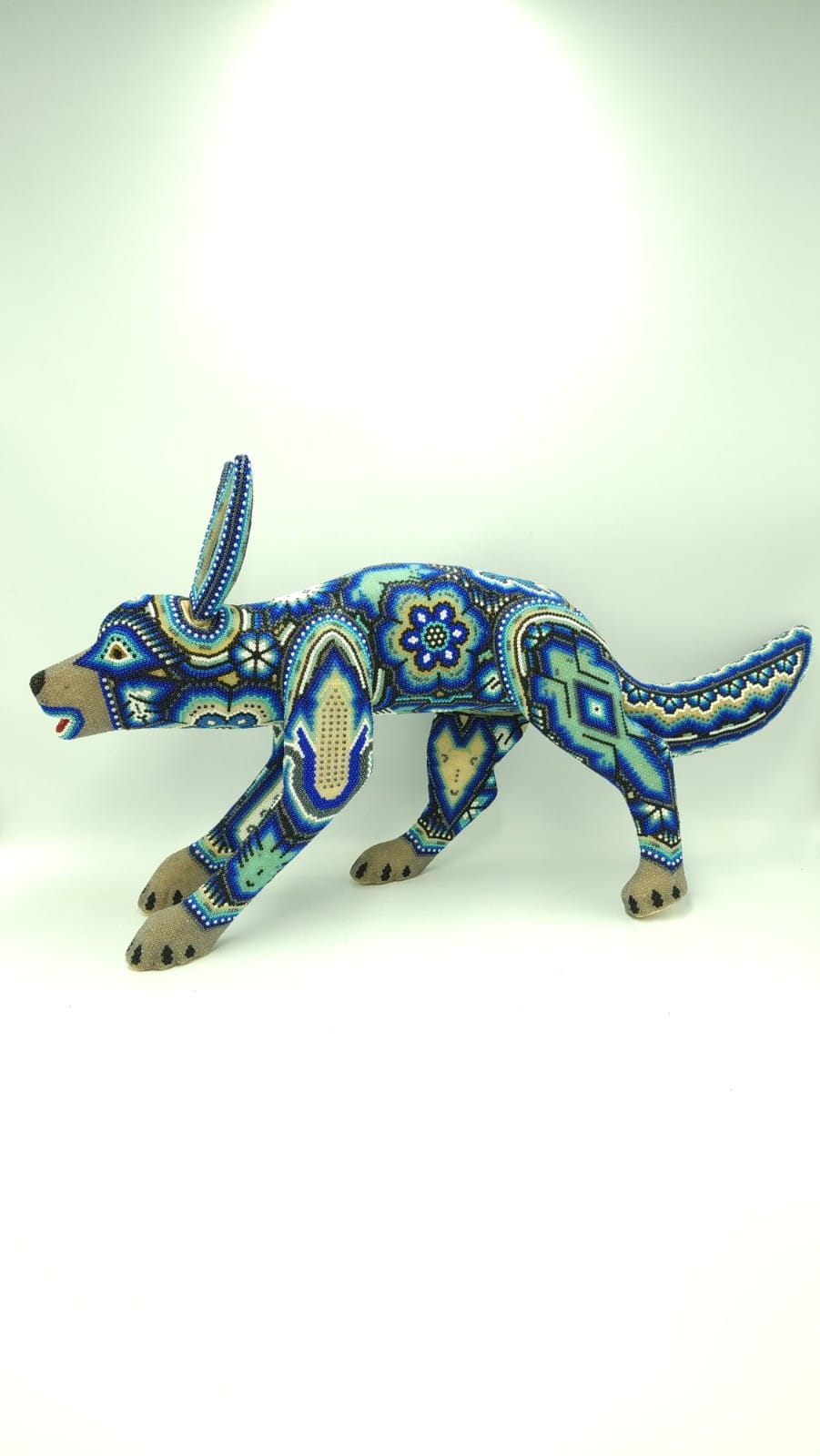 Mexican Folk Art Huichol Beaded Coyote by Isandro Villa Lopez