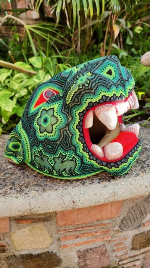 Huichol Mexican Folk Art Jaguar Head by Florencio Lopez PP4892