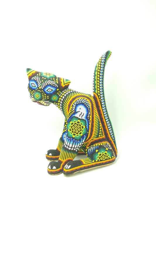 Huichol Hand Beaded Cat By  Santos Bautista PP5078