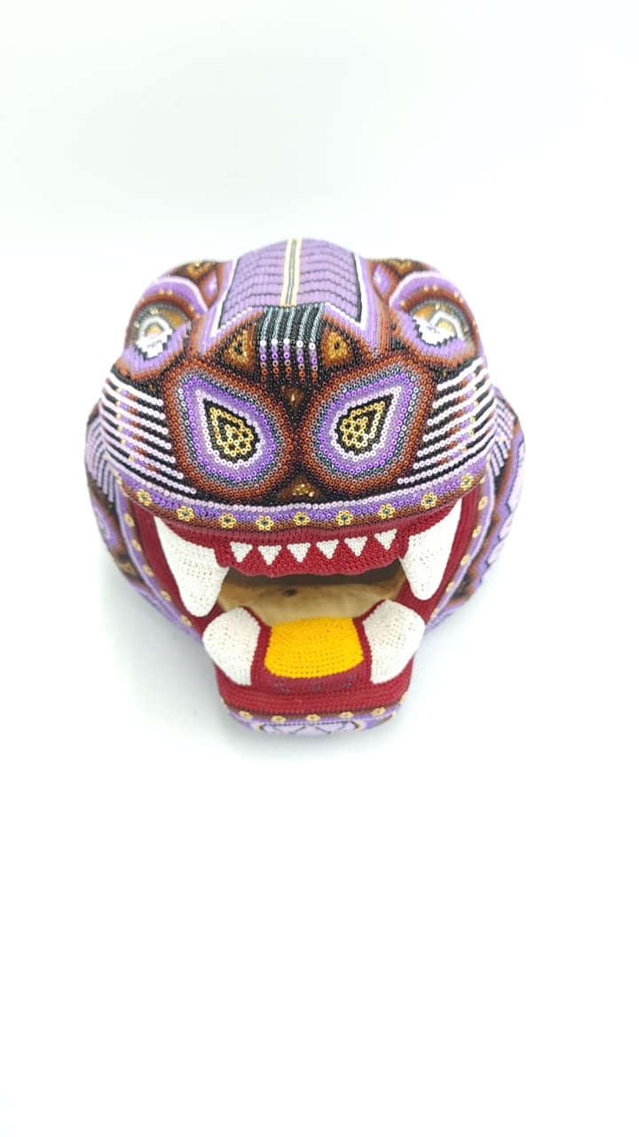 Mexican Huichol Beaded Jaguar Head By Mayola Villa PP5361
