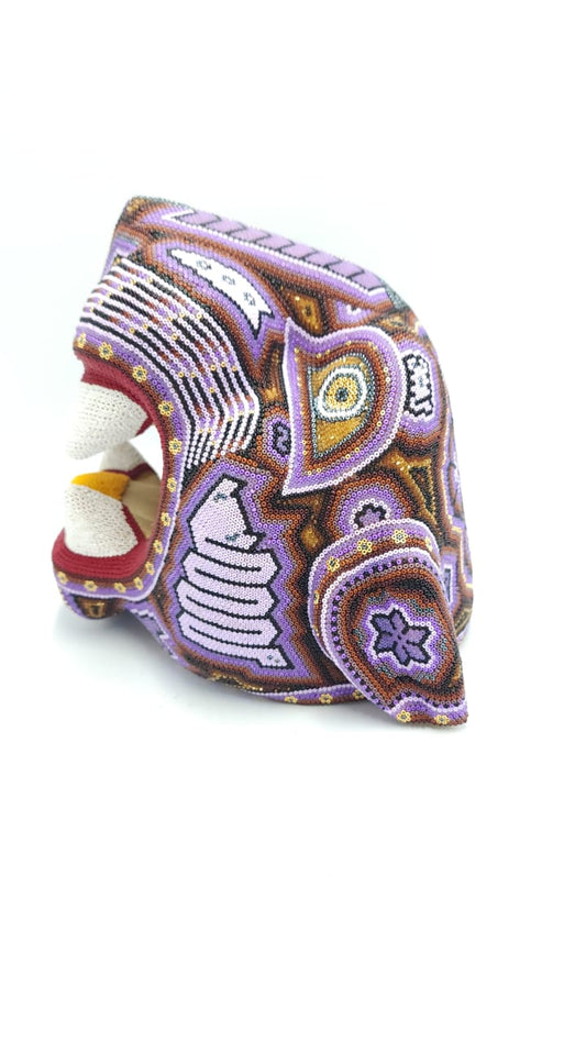 Mexican Huichol Beaded Jaguar Head By Mayola Villa PP5361