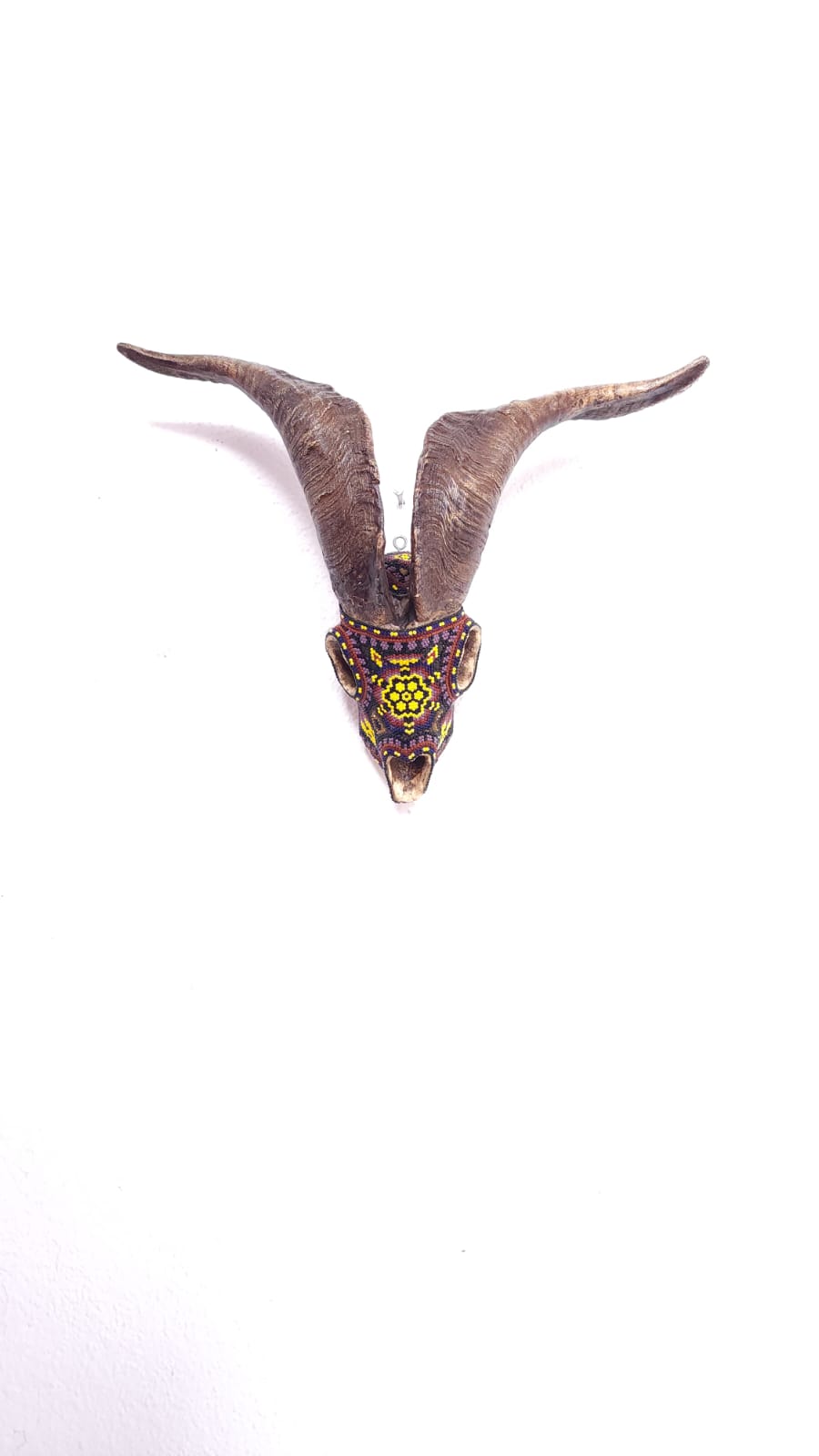Huichol Hand Beaded Cast Resin Goat Skull Using Glass Beads By Santos Bautista PP5392