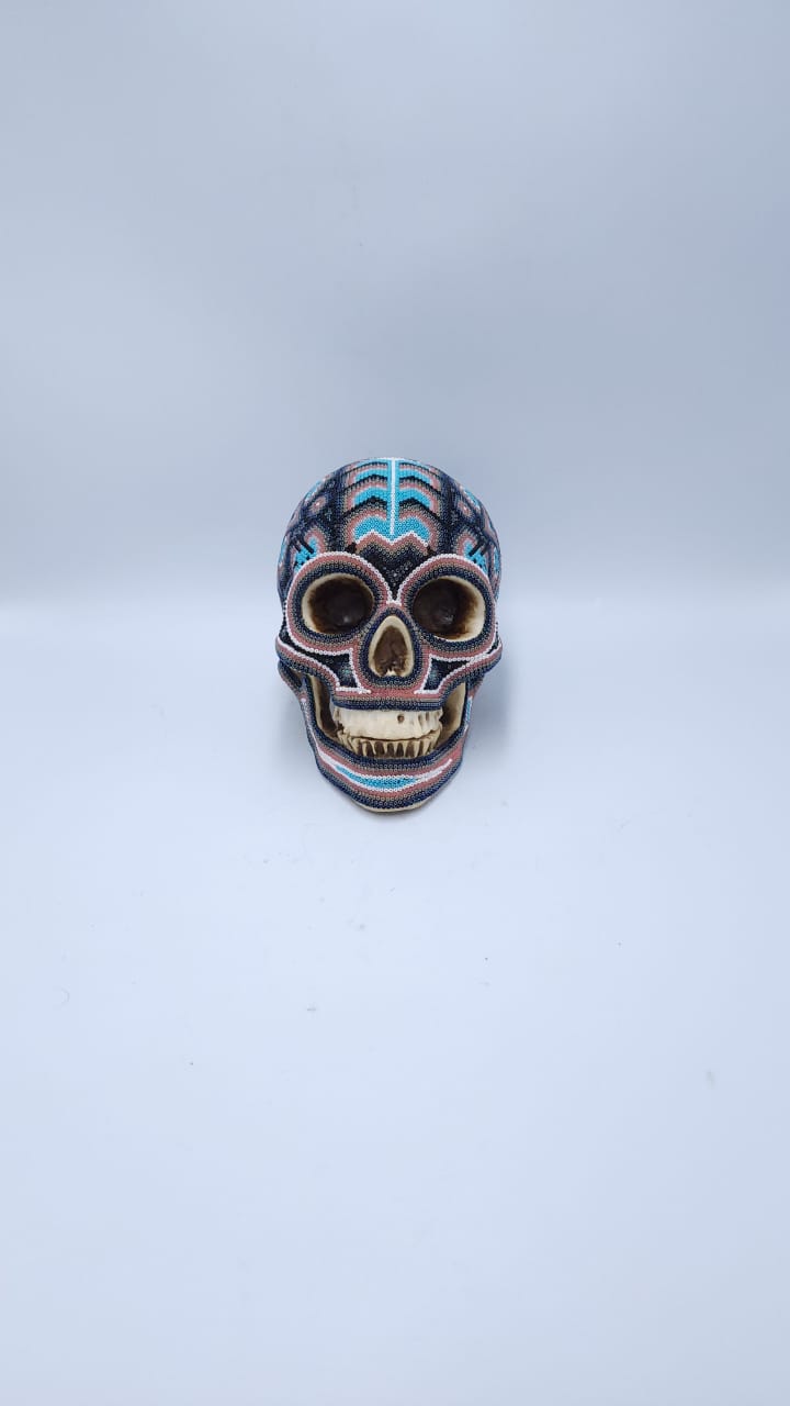 Stunning Huichol Hand Beaded Cast Resin Human Skull By Honorio Lopez PP5519