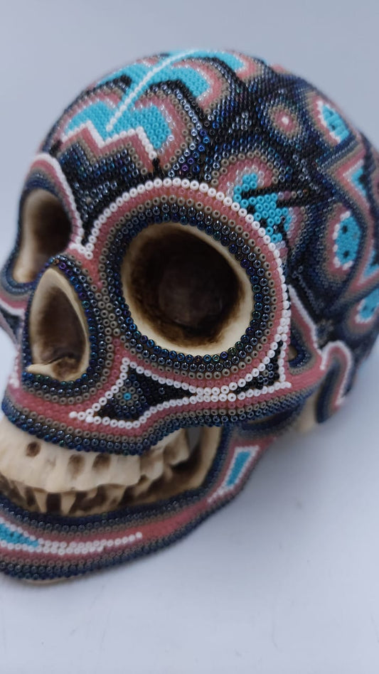 Stunning Huichol Hand Beaded Cast Resin Human Skull By Honorio Lopez PP5519