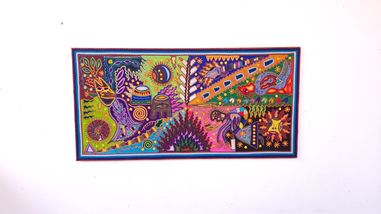 Phenomenal Huichol Indian Mexican Folk Art Yarn Painting By Justo Benitez PP5641