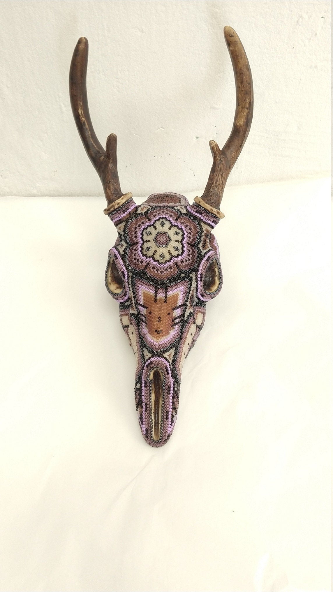 Mexican Huichol Beaded Cast Resin Deer Skull by Isandro Villa Lopez PP2820