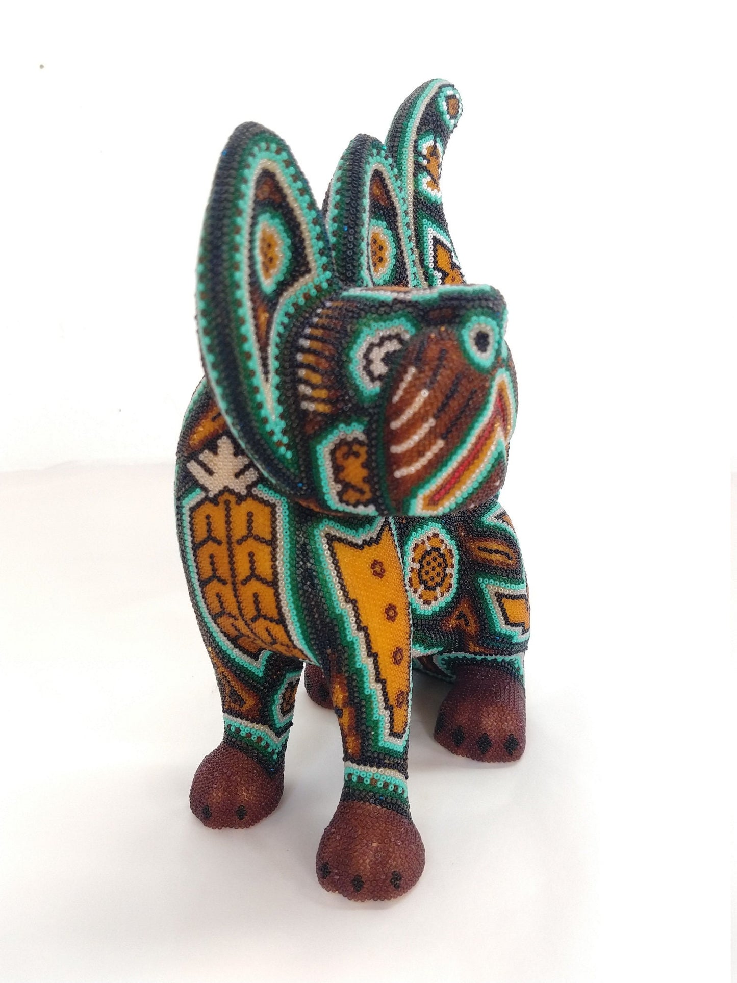 Huichol Beaded Mexican Folk Art Cat By Mayola Villa Lopez