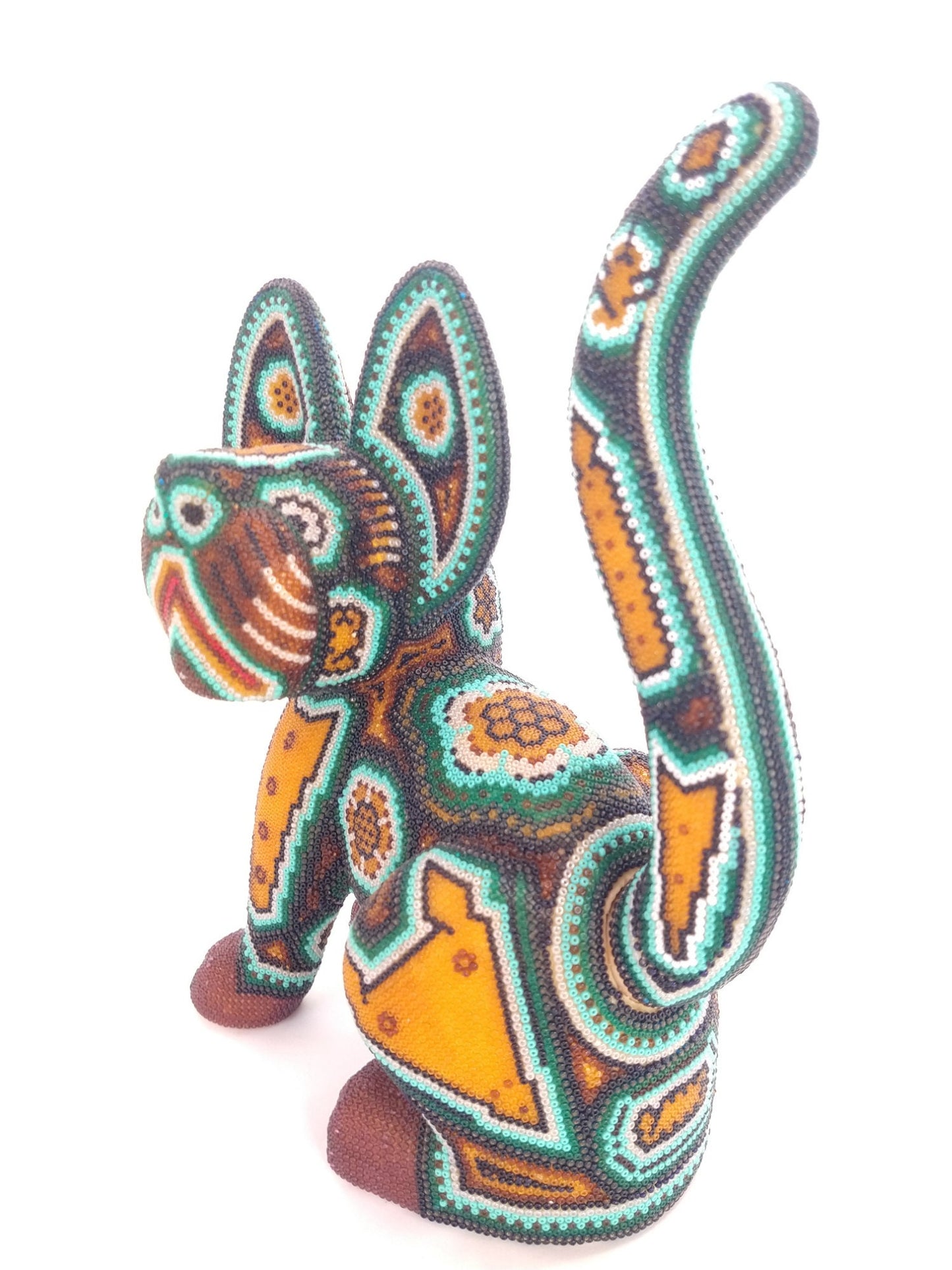 Huichol Beaded Mexican Folk Art Cat By Mayola Villa Lopez