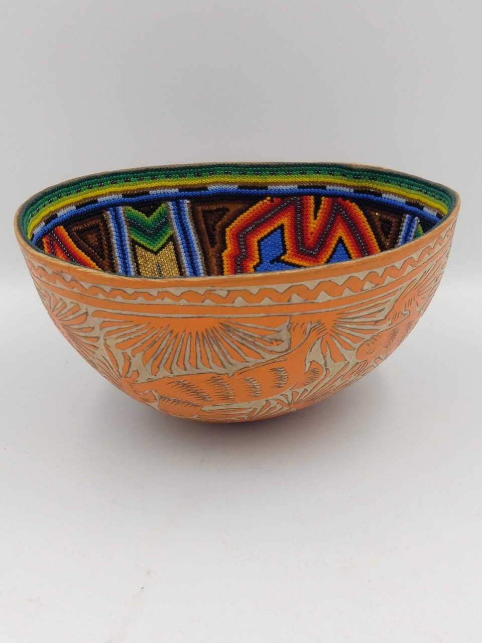 Hand Beaded Mexican Folk Art Bowl With Micro Beads By Mayola Villa Lopez PP3251