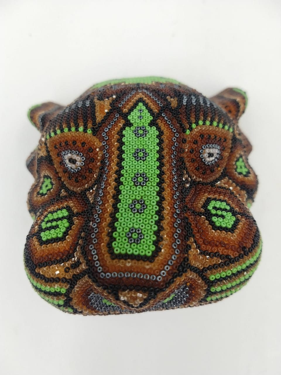 Hand Beaded Mexican Folk Art Jaguar Head With  Micro Beads By Mayola Villa Lopez PP3257
