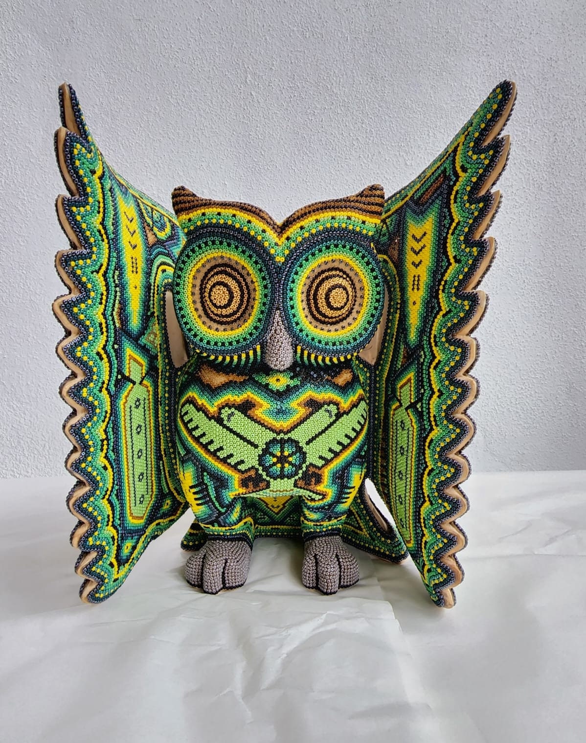 Mexican Folk Art Huichol Beaded Owl by Isandro Villa Lopez