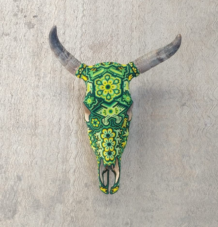 Hand Beaded Mexican Folk Art Authentic Bull Skull by Jose Manuel Ramirez PP3769
